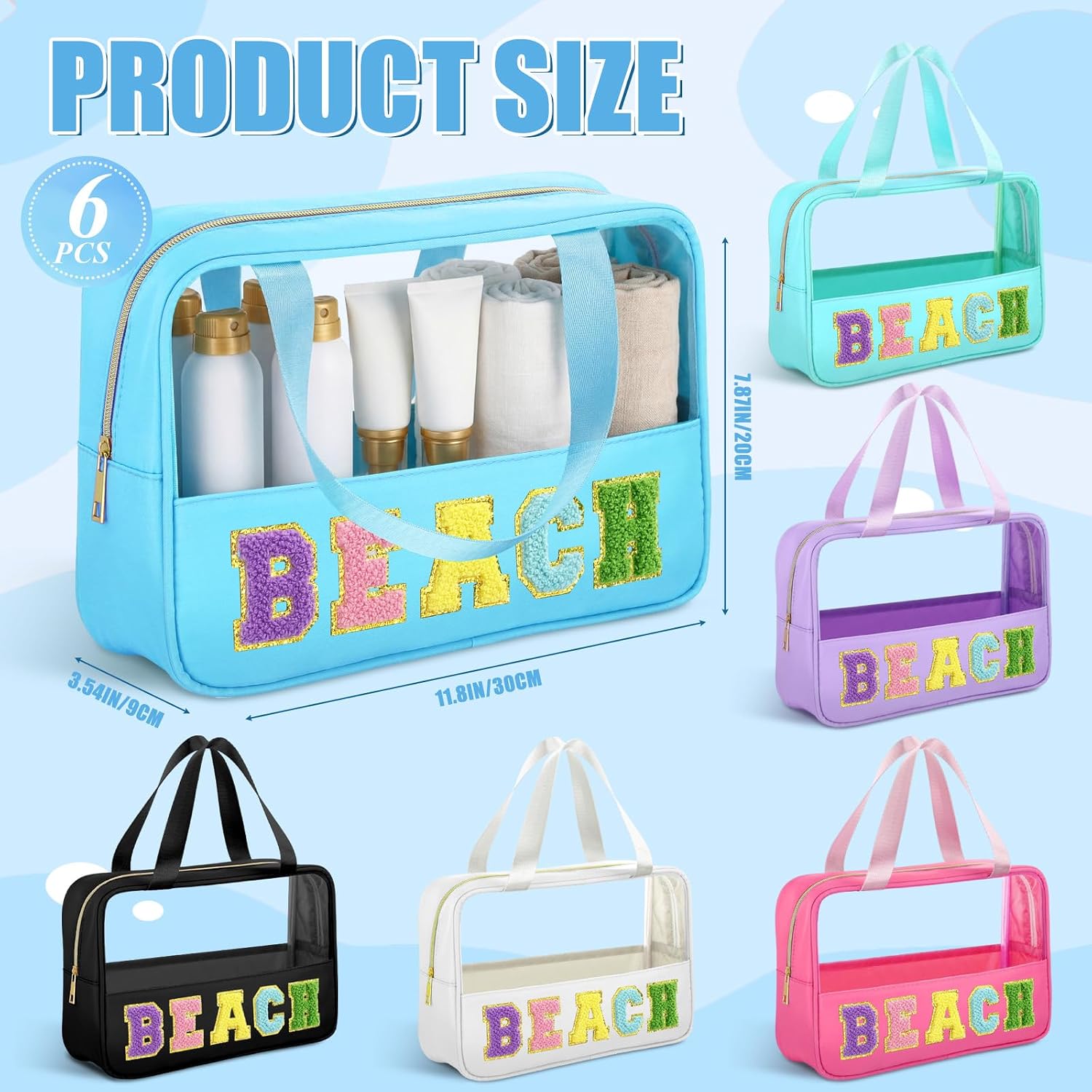 Hillban 6 Pcs Clear Beach Makeup Bags Bulk Travel Toiletry Bags with Handle Chenille Letter Large Waterproof Storage Preppy Patch PVC Nylon Cosmetic Bag for Summer Beach Pool Vacation Women Gift