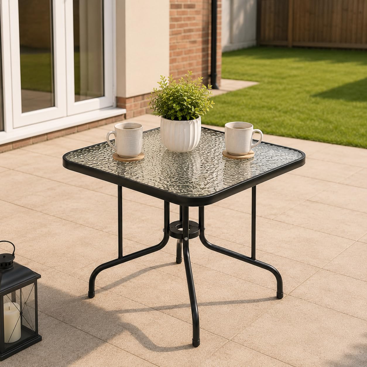 Emirates Living Square Patio Dining Table 80x80x70 cm, Black, Metal Frame with Tempered Glass Top, for Garden, Balcony and Outdoor Use