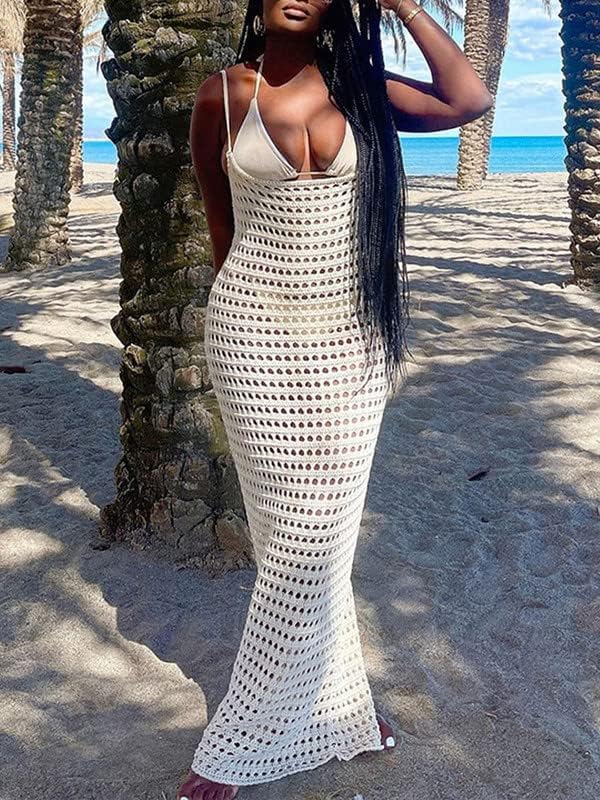 Miniatura 3 de Vestido largo de punto para mujer, de manga larga, con huecos, transparente, de ganchillo, vestidos largos de playa