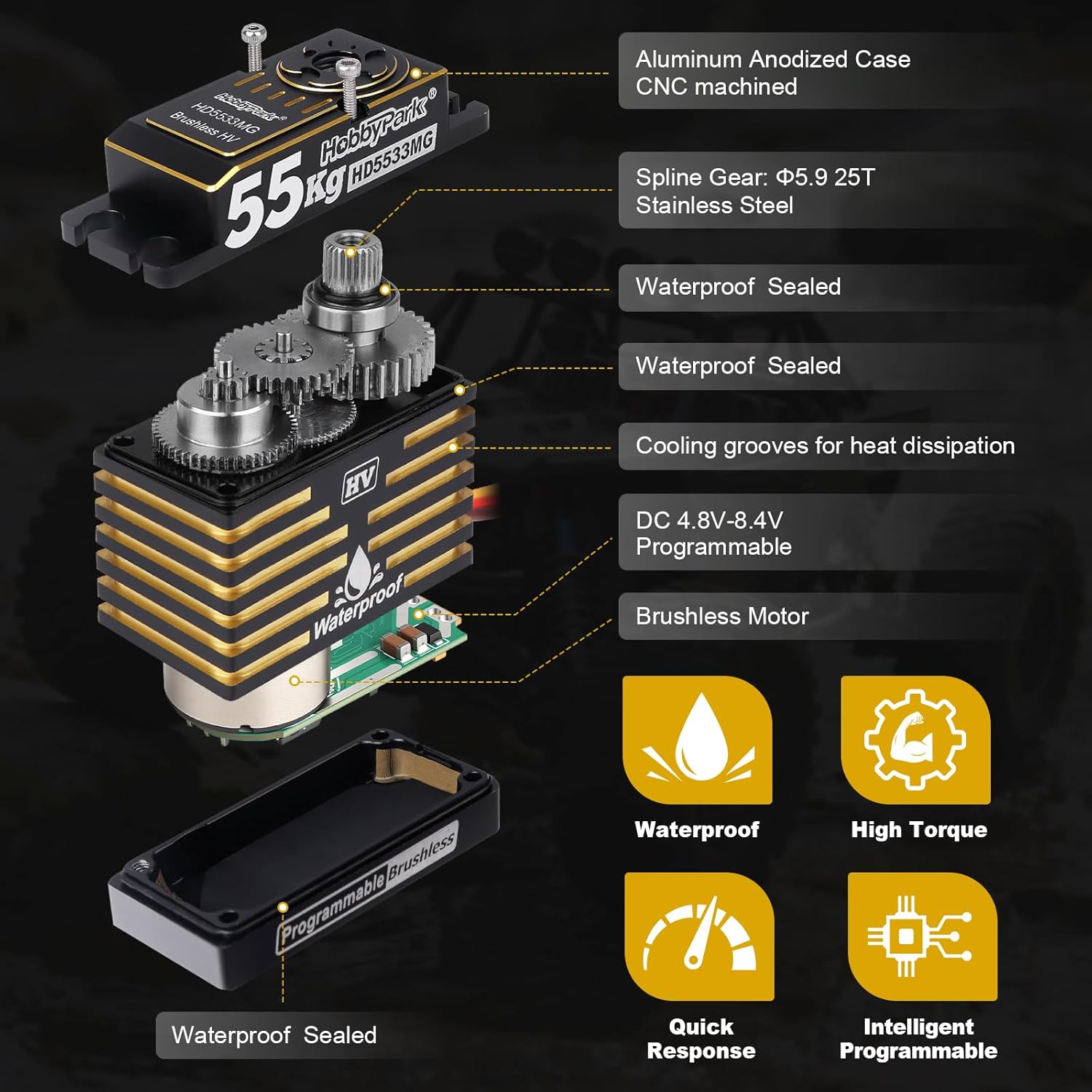 HobbyPark Waterproof 55KG High Torque Servo Motor Brushless Metal Gear Digital Servo Programmable 8.4V HV Servo for 1/8 1/10 1/12 RC Crawler RC Truck RC Car Buggy Robot DIY Control Angle 180°