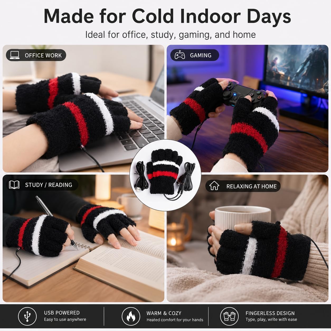 USB Heating Winter Gloves - Women's Hand Warm Gloves with USB Heater and Fingerless Warmer Mitten