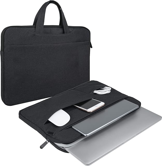 RAINYEAR 14" Laptop Sleeve Carrying Case Compatible with 14 Inch Notebook Chromebook Tablet Briefcase with Hidden Handle Multiple Pocket Protective Padded Polyester Waterproof Computer Bag,Black
