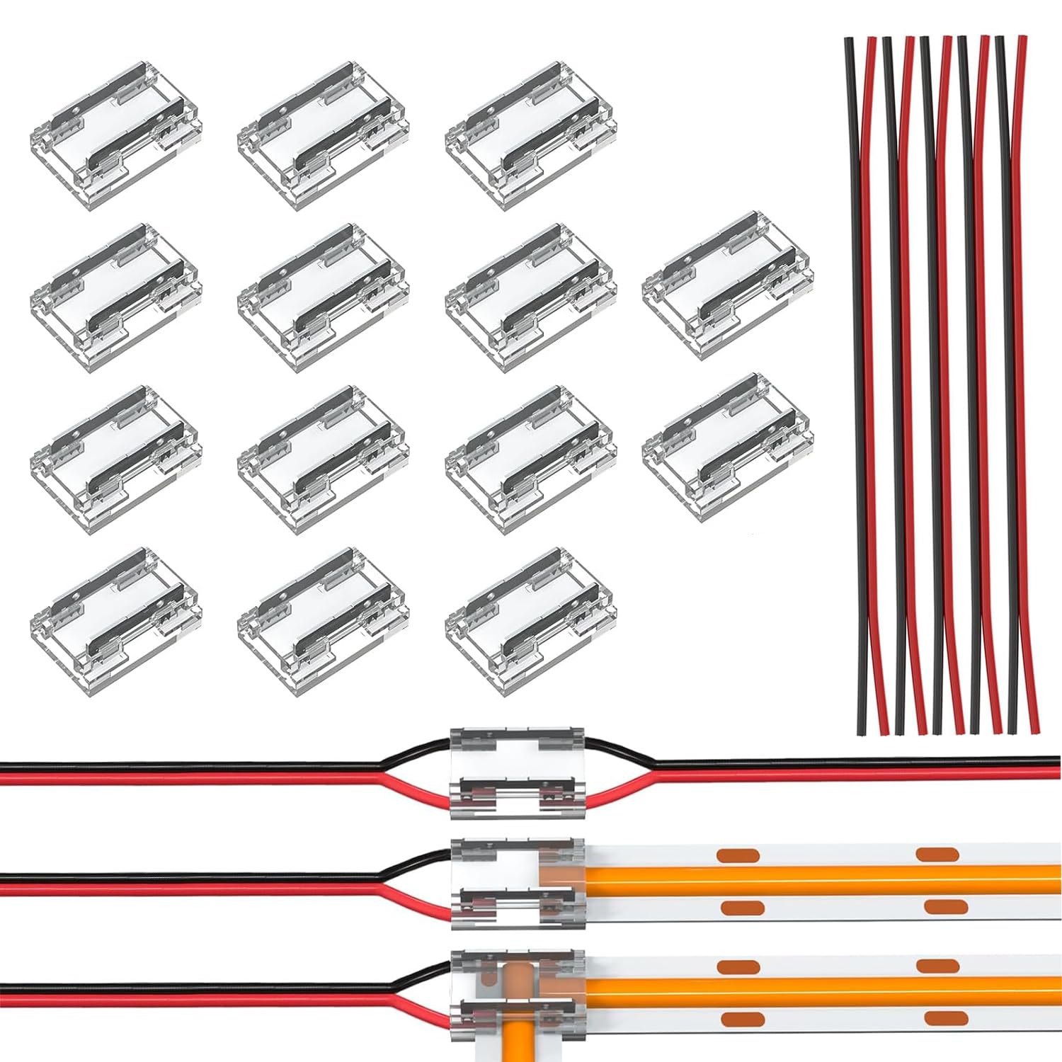 TOKERU 2-Pin 8mm LED Strip Connectors with 4pcs 15cm 22AWG Wires, Transparent Solderless Kit for FCOB & Select SMD Strips