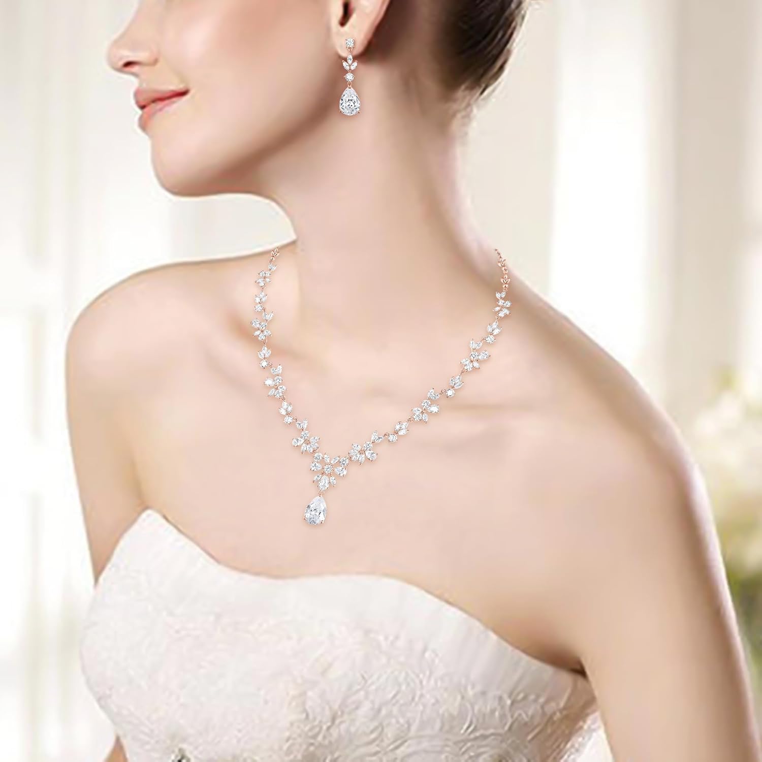 BriLove Gorgeous Wedding Jewelry Set for Women Bridal Cubic Zirconia Marquise Teardrop Leaf Cluster Y-Necklace Dangle Earrings Link Bracelet - Image 5