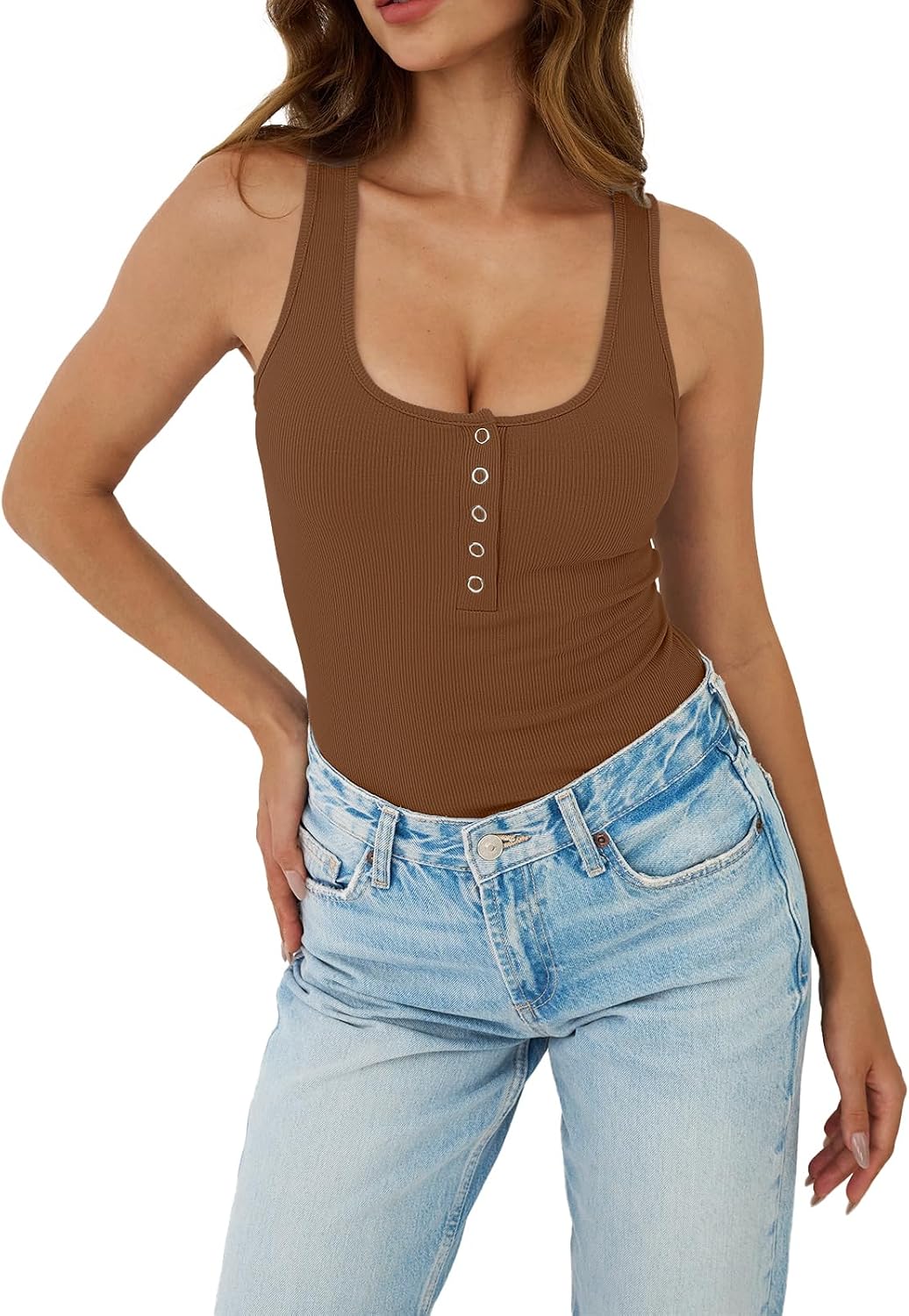 Ribbed Tank Tops for Women Sexy Low Cut Henley Tank Top Slim Fit