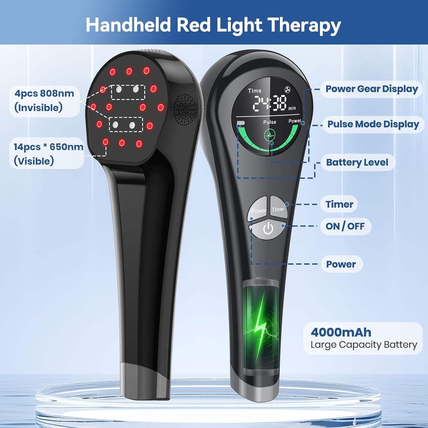 Handheld Red Light Therapy Device with Stand, Near Infrared Light Therapy Device with Pulse Mode, Cold Therapy Device for Joints and Muscle Pain (4 * 808nm + 14 * 650nm） - Image 7