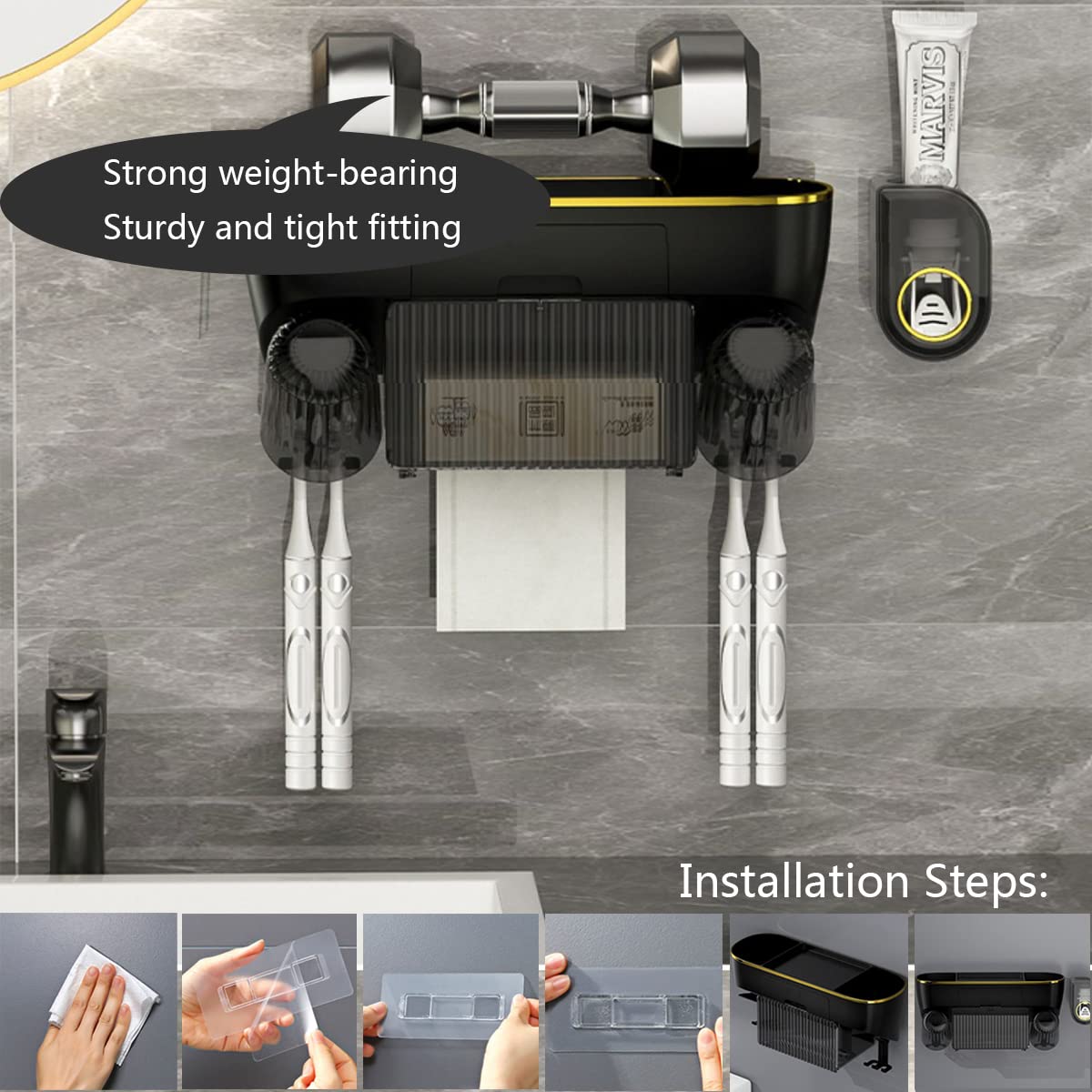 Portacepillos de Dientes Pared, Dispensador de Pasta de Dientes Automático, Soporte Cepillo de Dientes con 4 Ranuras para Cepillos, 2 Tazas Magnéticas y Organizador de Toallas de Papel