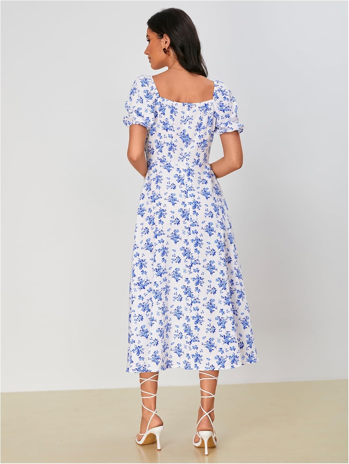 WDIRARA Women's Floral Print Tie Front Square Neck Short Sleeve Split Thigh Dress - Image 3