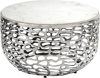 Wohnling Design Metall Couchtisch Silber mit weißer Marmor Tischplatte 60 cm rund - Aluminium Wohnzimmertisch Modern - Loungetisch Alu Beistelltisch Wohnzimmer Handmade