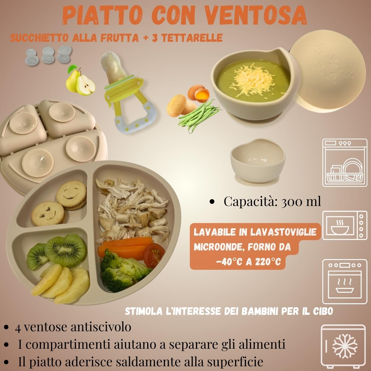 FlexiTot | set pappa svezzamento | piatto svezzamento con ventosa per bambini | bicchiere bambino con cannuccia | ciotola per bambini | posate per bambini | +6 mesi (beige)