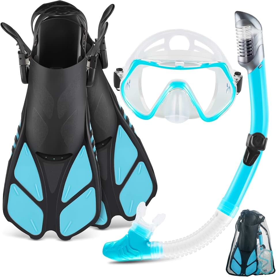 ZEEPORTE Mask Fin Snorkel Set, Travel Size Snorkeling Gear for Adults with Panoramic View Anti-Fog Mask, Trek Fins, Dry Top Snorke