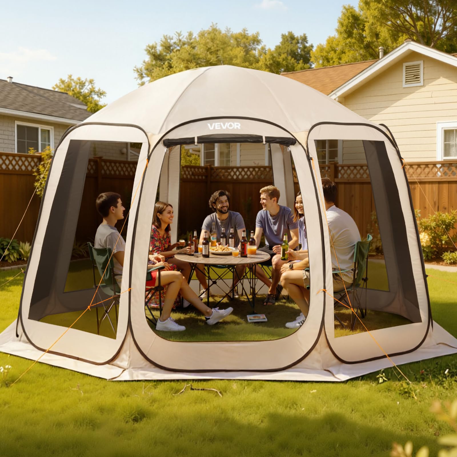 VEVOR Tente Moustiquaire Pop Up 366x338x230 cm Abri Moustiquaire Pliant 10-​12 Personnes Tente Portable pour Jardin Terrasse Cour Activités Plein Air, avec Sac de Transport, Piquets de Fixation, Beige