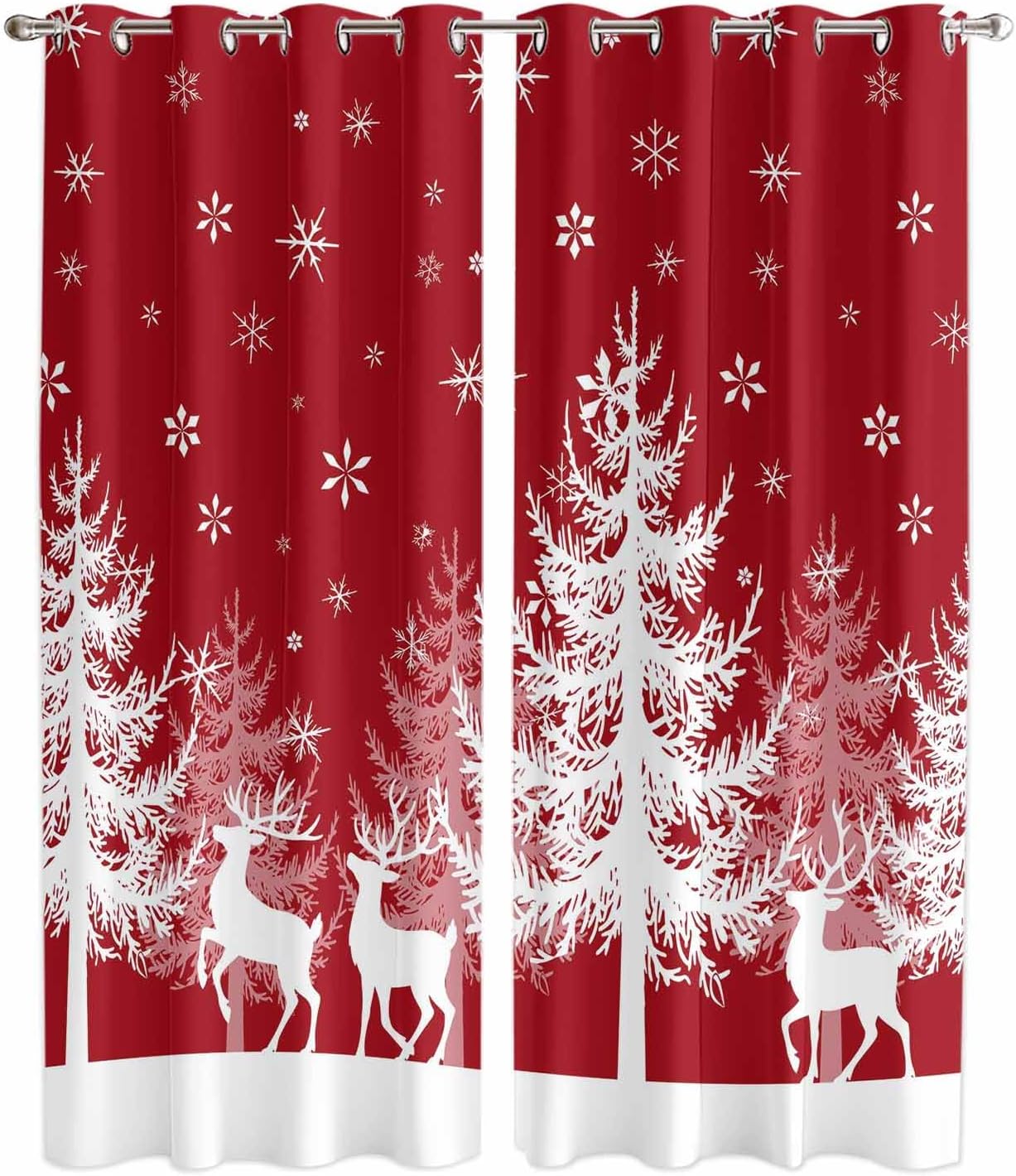 Grommet Top Window Curtains, Christmas Winter Snowflake Tree Elk Red Durable Light Blocking Windows Drapes for Kitchen/Bedroom/Living Room, Window Treatments Curtain Set of 2 Panels 52x96 in