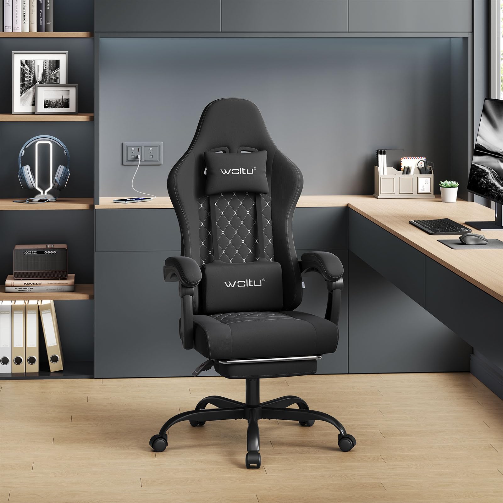 WOLTU Sedia Gaming con Massaggio, Sedia da Ufficio Ergonomica Girevole Ampia Imbottita per Computer con Cuscino Lombare Massaggiante, Carico 150 Kg, Tessuto a rete, Nero+Bianco