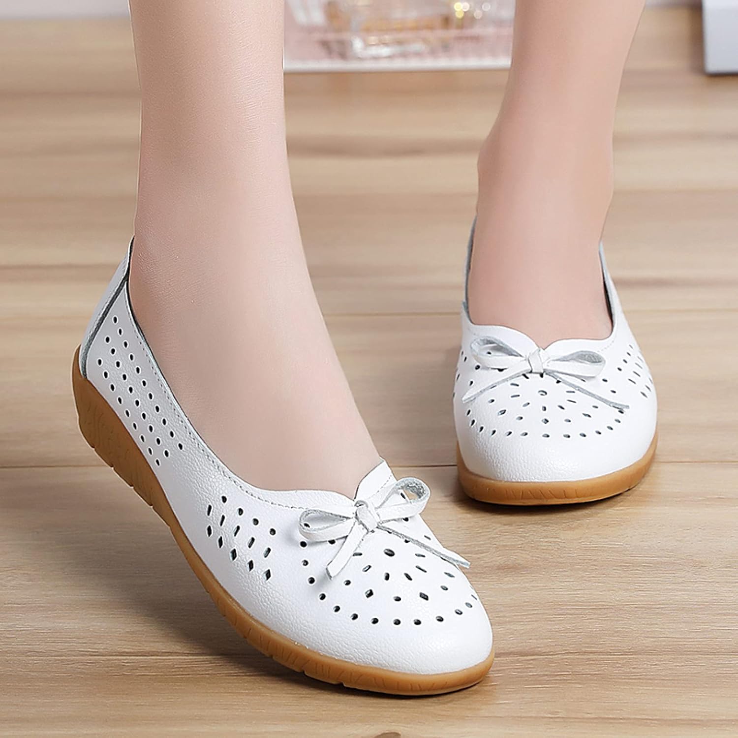 [PANLON] レディース モカシン ローファー メッシュ 大きいサイズ フ蝶結び付き ナースシューズ スリッポン ウォーキングシ