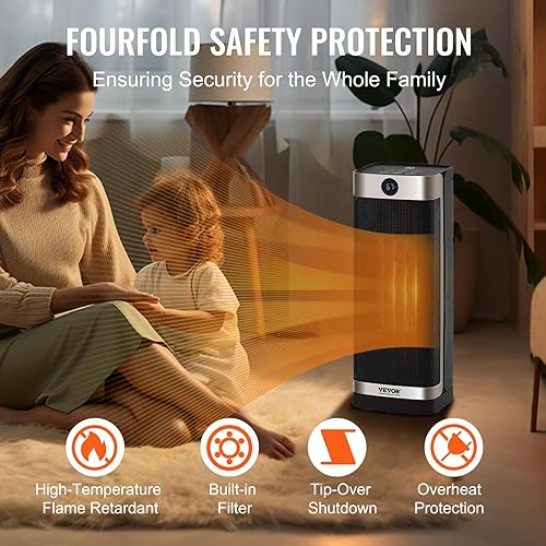 Miniatura 4 de VEVOR Calentador eléctrico de espacio con termostato de cerámica rápido y silencioso, control remoto, temporizador de 12 horas, protección contra