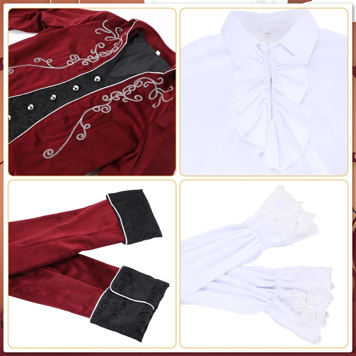 Halloween Men Vampire Costume Adult Male Victorian Tailcoat Jacket, Pirate Shirt, Top Hat, Staff, Fang, Bead