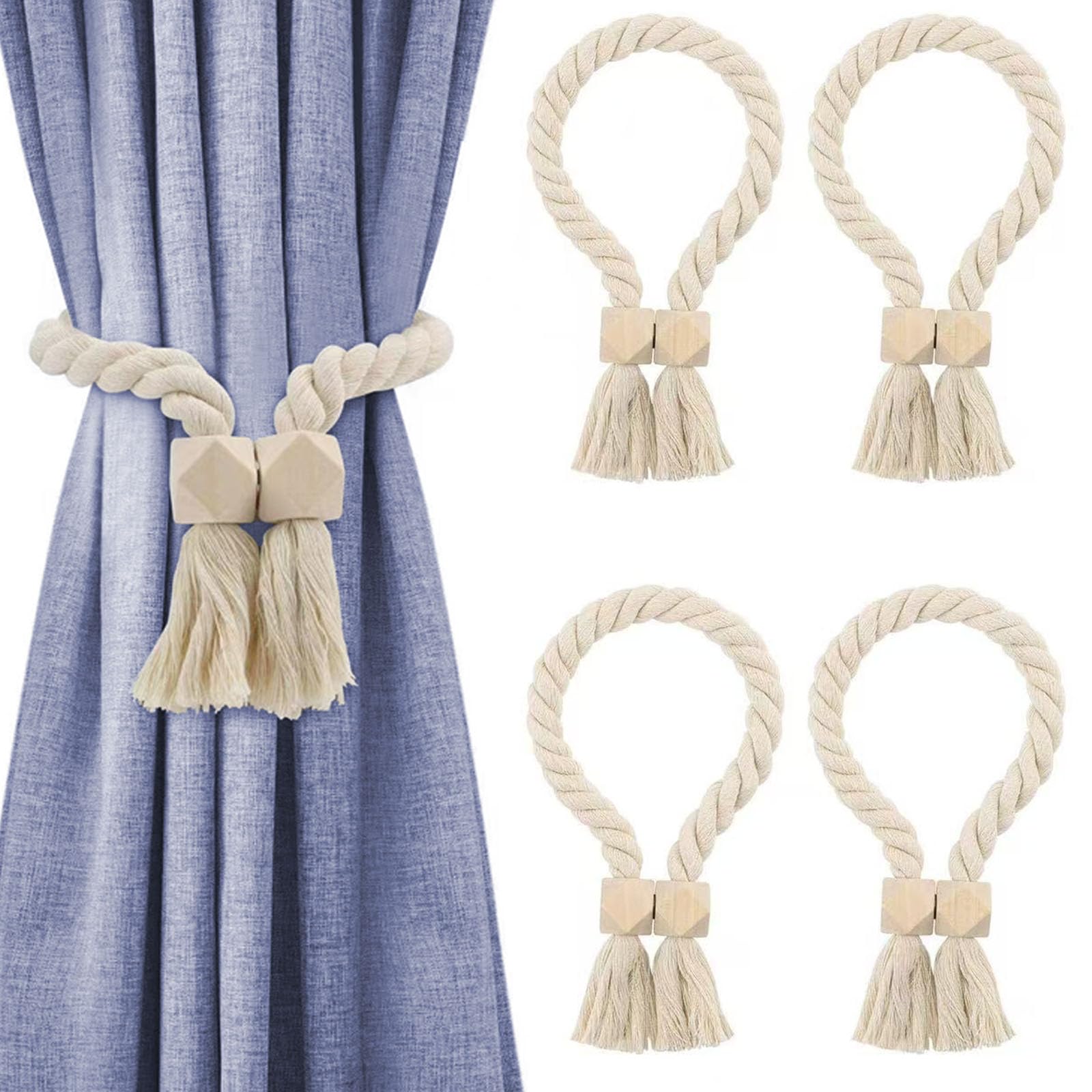 Lot de 2 Embrasses de Rideaux Magnétiques 60 cm en Coton et Perles Bois, Style Bohème pour Pâques et Carnaval, Attache Rideau à Pompons pour Salon et Fête