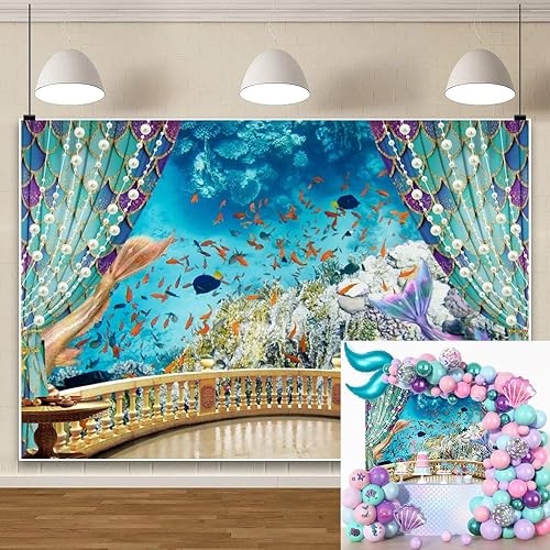 Laeacco Telón de fondo de sirena bajo el mar de 10 x 8 pies, cortina de perlas para balcón, castillo submarino, peces del océano, fondo de