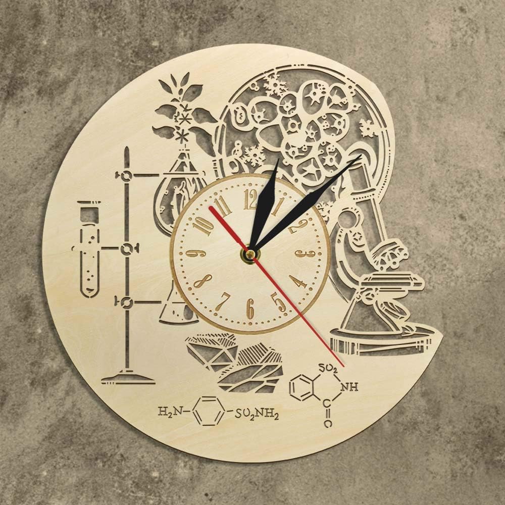 The Geeky Days Tools of Science Chemistry Lab Wall Decor Wood Wooden Wall Clock Biology Science Dopamine Molecule Vintage Silent Clock Scientist Gift