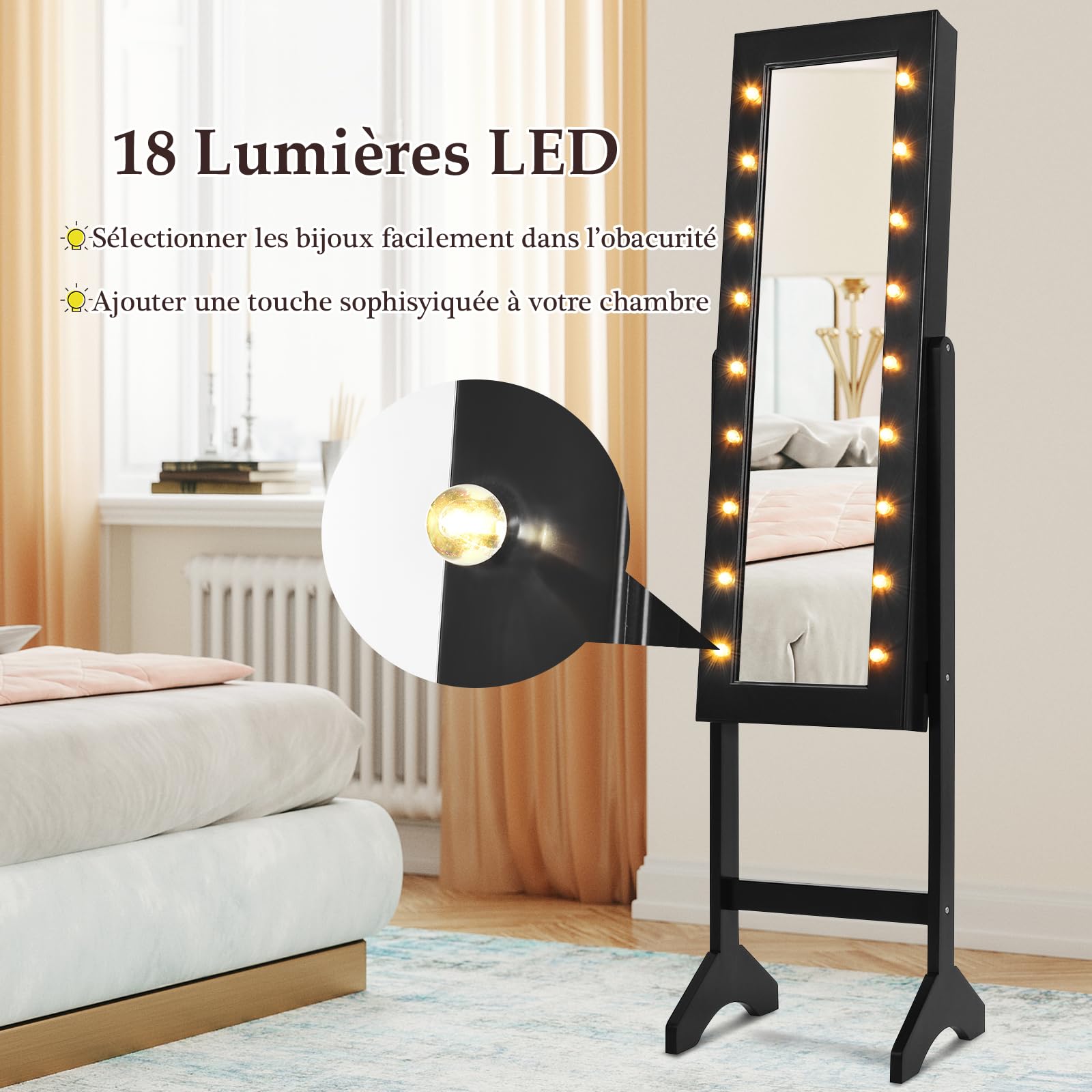 RELAX4LIFE Armoire à Bijoux sur Pieds avec Miroir et Lumière LED, Miroir Bijoux sur Pied avec 4 Couches pour Anneaux, Boucle d'oreille, Bracelet, 16 Rouge à Lèvres, Blanc/Noir (Noir)