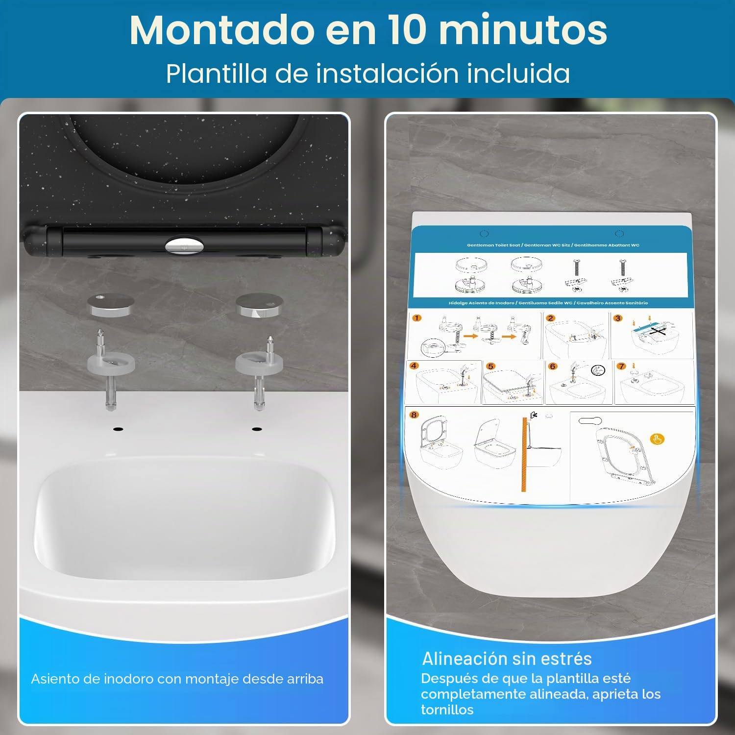 Tapa Wc Forma Cuadrado Ultrafino [CORTO], Asiento de Inodoro Cuadrado con Cierre Suave y Liberación Rápida para una Fácil Limpieza,Universal para Inodoros de Forma Cuadrada, Negro