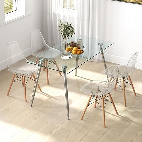 Miniatura 4 de Tangkula Mesa de comedor de cristal, mesa rectangular moderna con mesa de vidrio templado y patas de acero plateado, mesa versátil de cocina simple