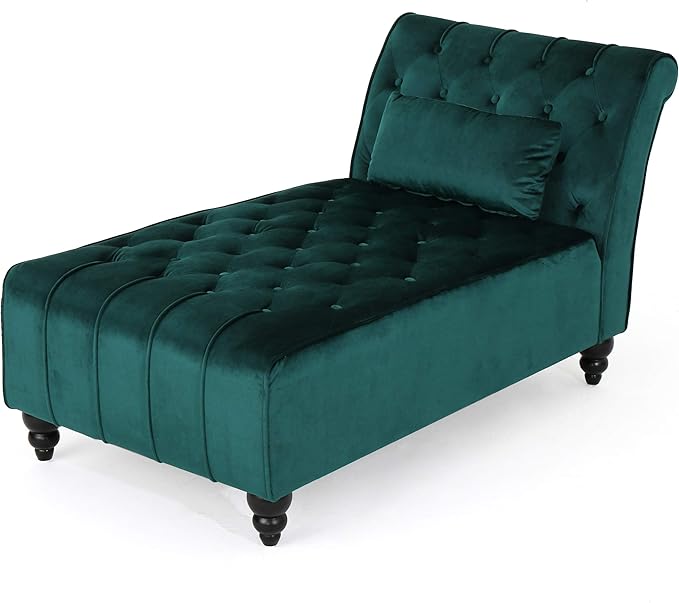 Christopher Knight Home Rafaela Modern Glam Tufted Velvet Chaise Lounge with Scrolled Backrest, Dark Teal and Dark Brown 54.5D x 28.5W x 30.25H in