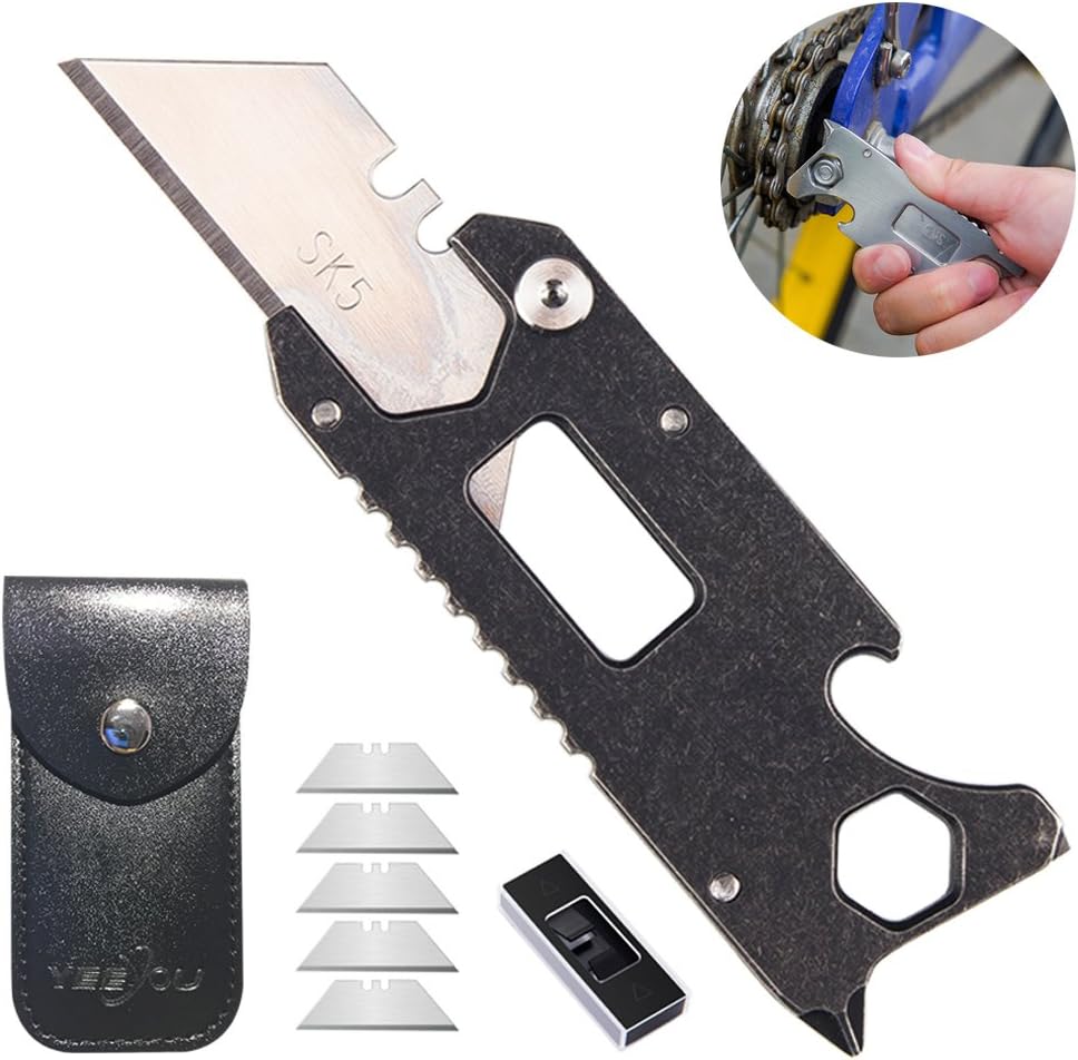 Pocket Knife๏ผYEEYOU Utility Knives 6-in-1 Multitool Keychain Durable Black Oxide Stainless Steel Portable Tools for Outdoor Survival, Camping, Fishing, Hunting, Hiking
