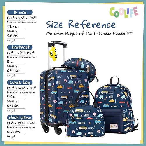 Miniatura 7 de Coolife Juego de maletas para niños, 5 piezas, 16 pulgadas, equipaje de mano rígido, equipaje de viaje con ruedas para niñas y niños, Coches