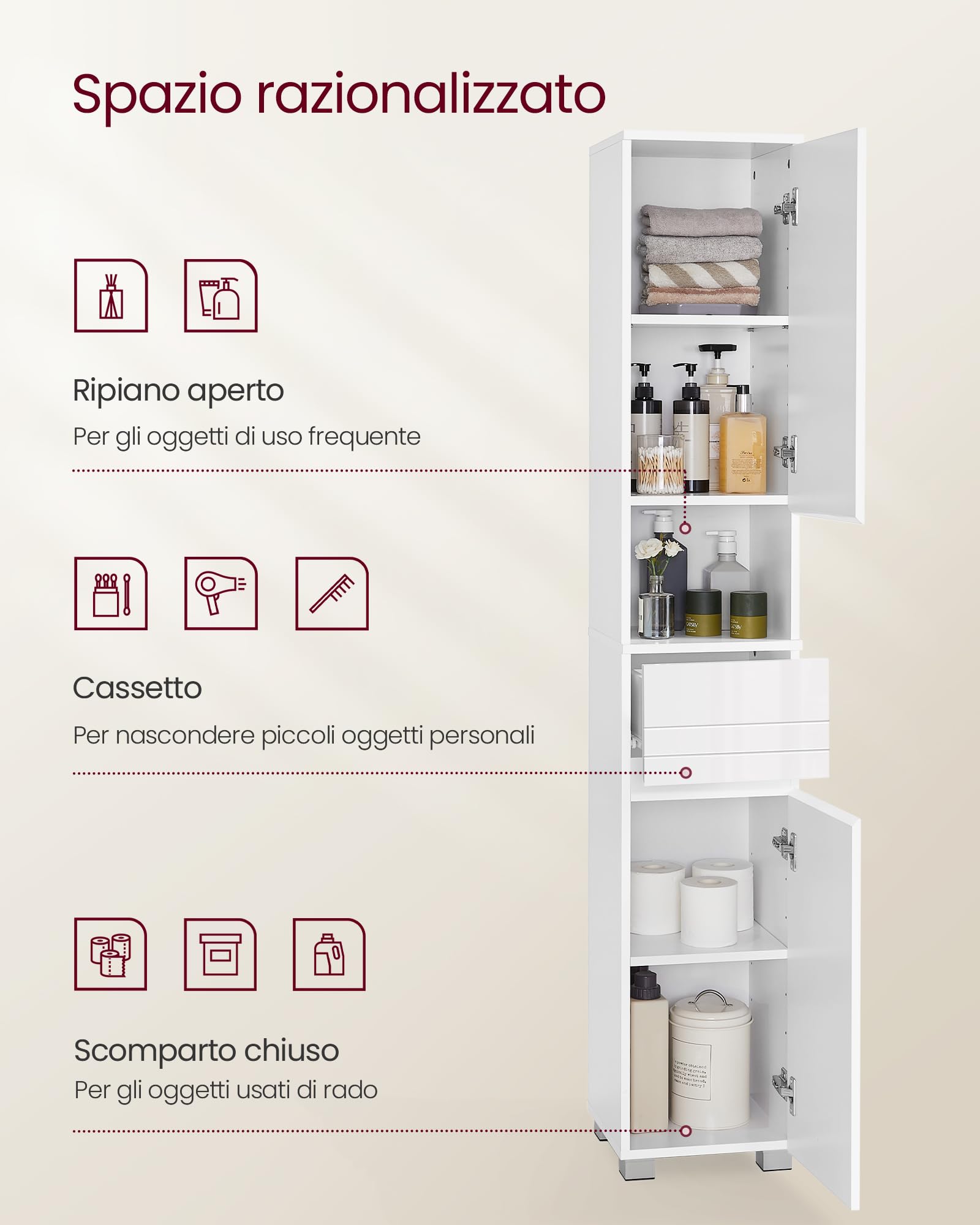 VASAGLE Mobile da Bagno, Mobiletto Portaoggetti, Alto, con Cassetto, Ripiani Regolabili, Scomparti, 30 x 30 x 170 cm, Bianco Nuvola BBC560P31
