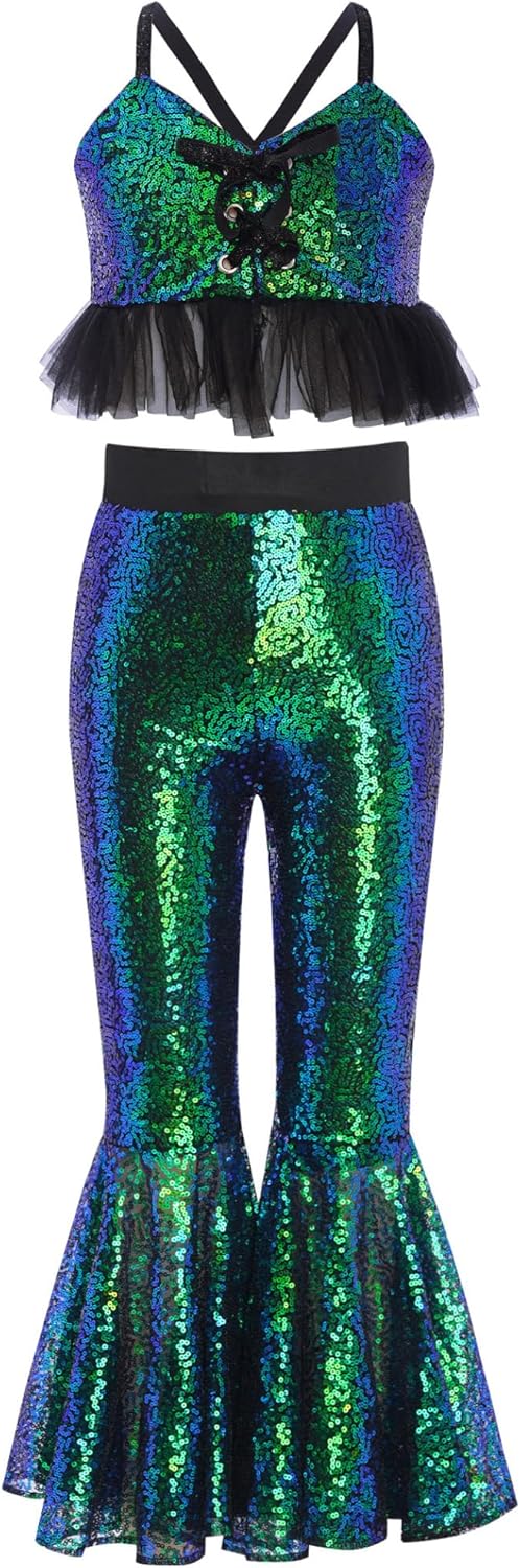 JEYPINMI Little Girls Sequins Birthday Party Clothes Camisole Top with Bell-Bottom Pants Hip Hop Jazz Dance Outfit Green 14 Years