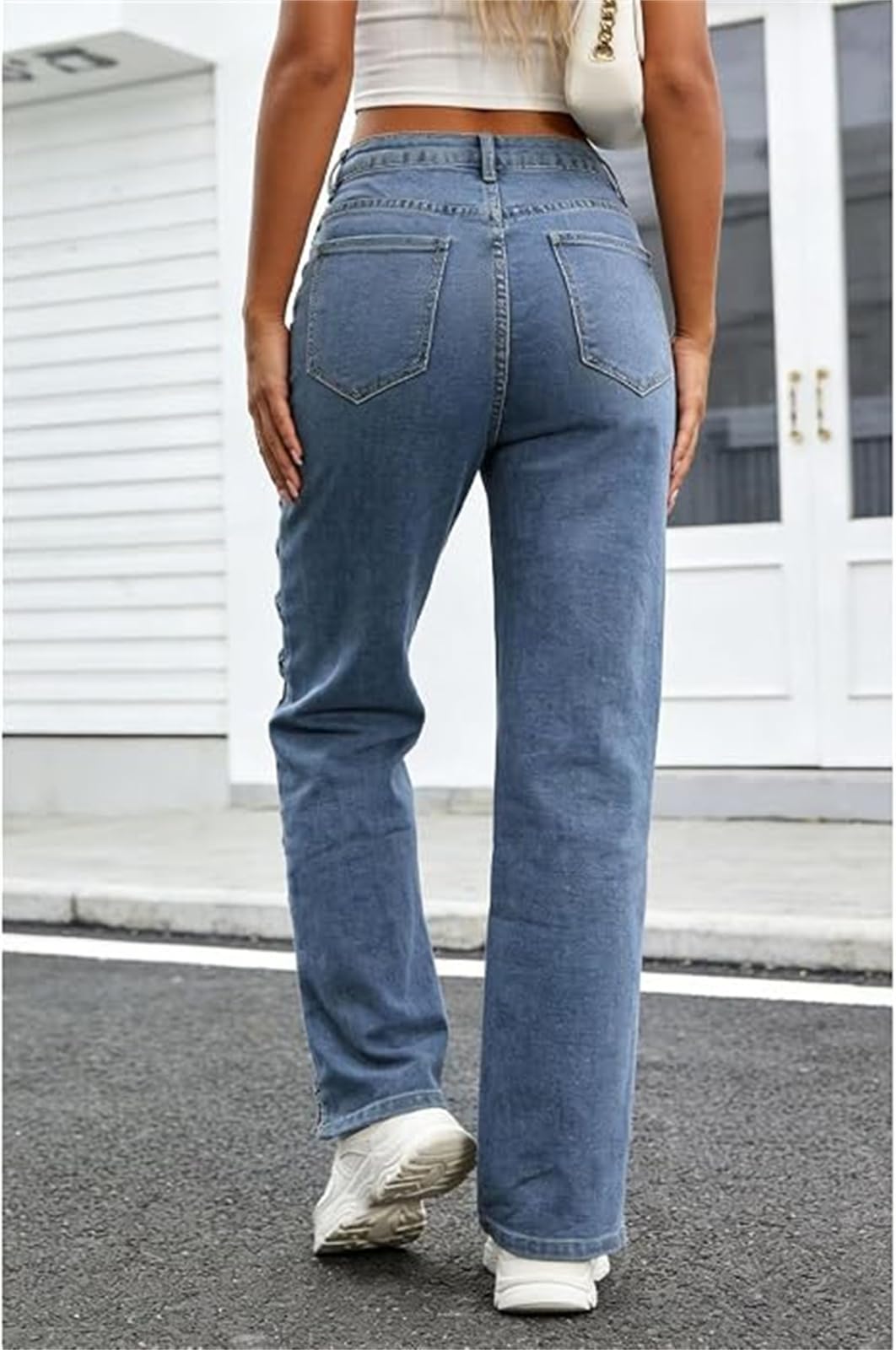 Jeans pour Femmes à Taille Haute et Jambes Droites - Pantalon en Denim Tendance avec découpe latérale à Lacets