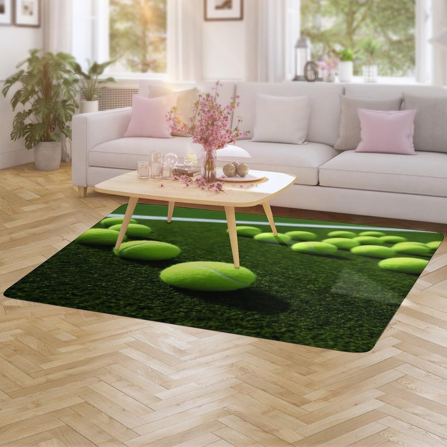 Tennis Balls on Tennis Grass Court Carpet for Living Room,Washable Dining Room Non-Slip Under Table Rug 40“x60”Large Rugs Lndoor Home Decoration Stain Resistant Carpet for Bedroom