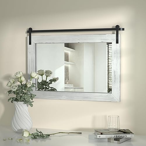 COGOOD Espejo de puerta de granja estilo granero - 71 cm x 51 cm Espejo de pared con marco de madera rústica para baño, sala de estar, decoración de