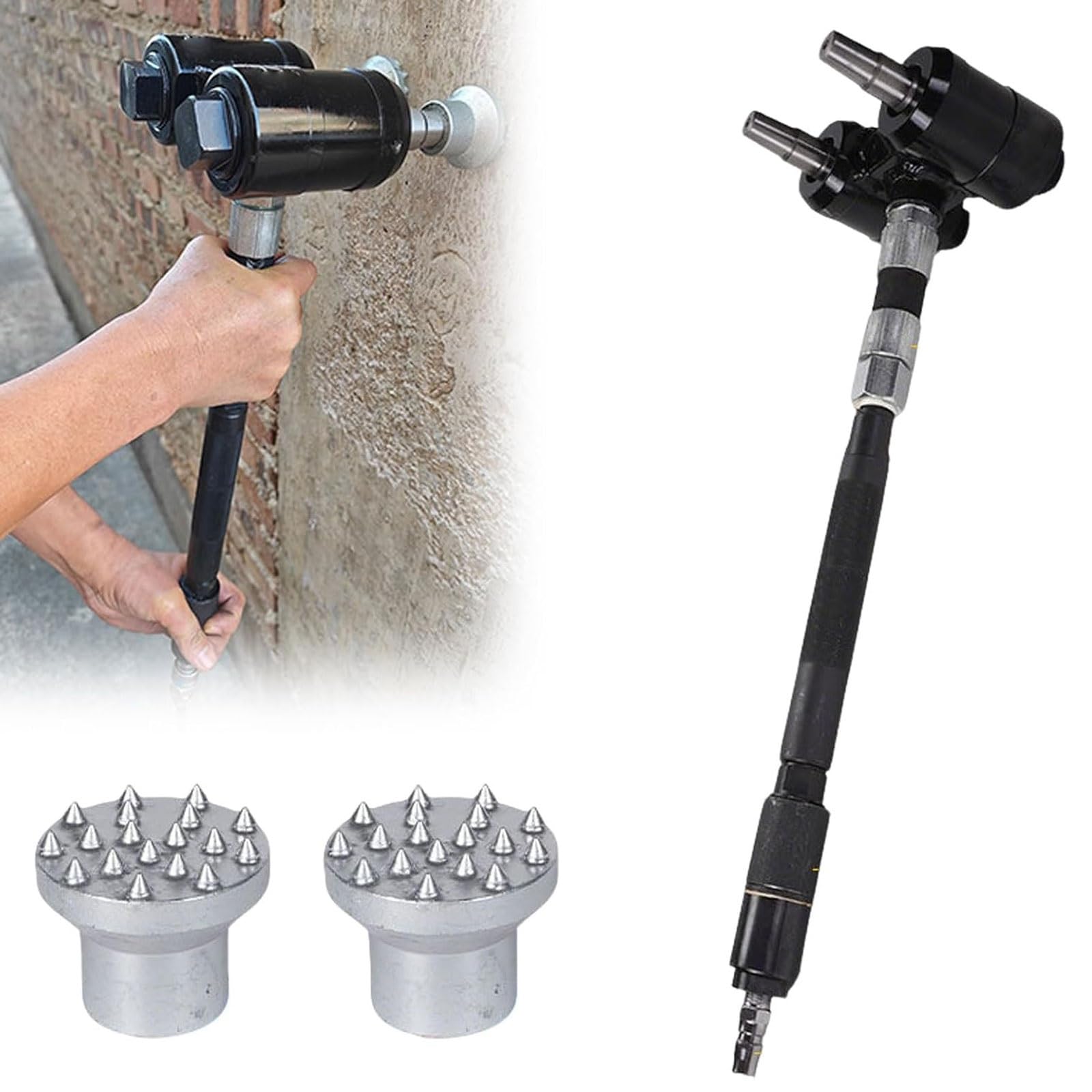 Marteau pneumatique à double tête, 9/12/18/24 dents, manche long, efficacité 6-8 m²/h, distance de tête 4 cm, idéal pour la texturation de pierre et de béton