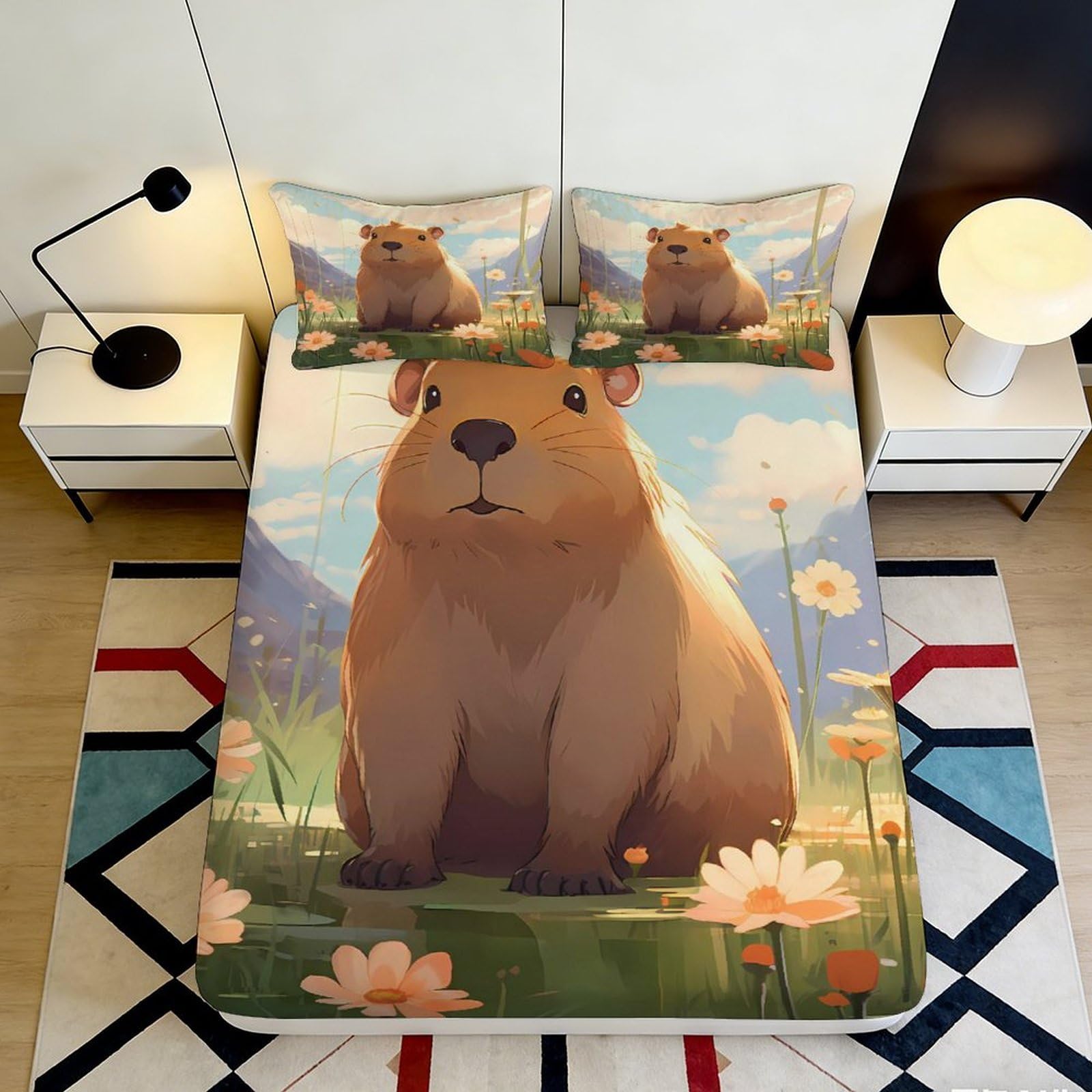 Jqzkxnhpbr Style-6 3D Printed Cute Capybara Fitted Sheet Microfiber Animal Meadow Bed Cover For Bedroom Guest Room Dorm Decor 90X200x25cm