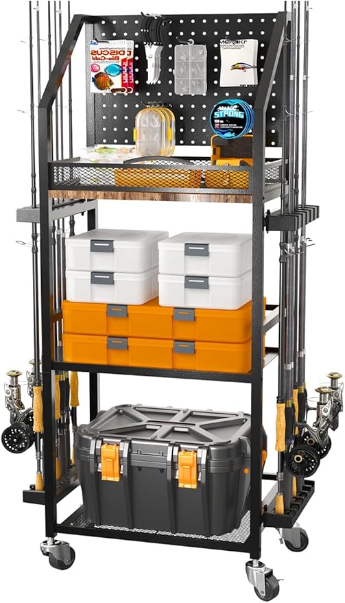 Fishing Rod Holders for Garage, 3-Tier Fishing Pole Rack with Pegboard and Metal Mesh Fence, Fishing Gear Organizer with Hooks Up to 12 Rods, Rolling Fishing Storage Cart with Lockable Wheels