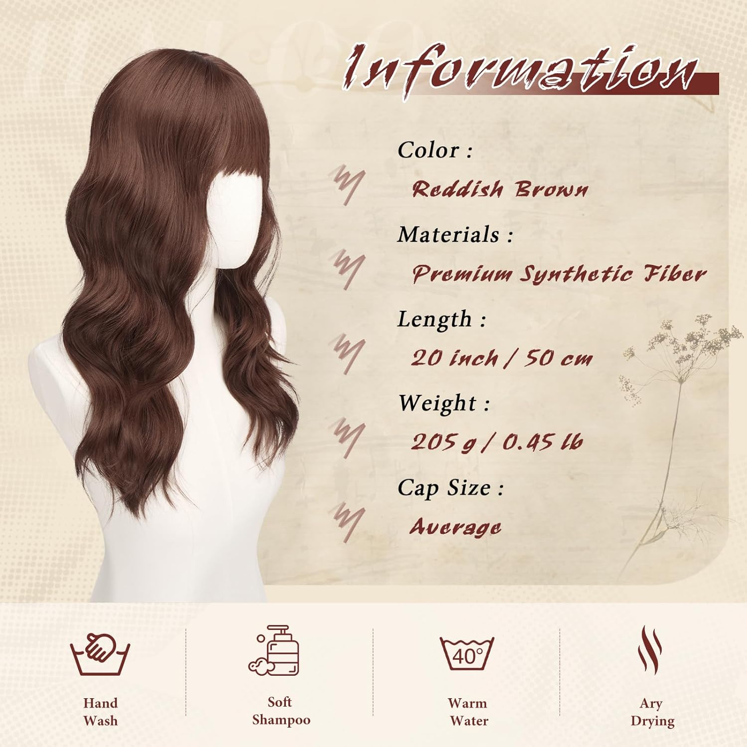 Haloo Brown Wigs with Bangs - 20 Inch Long Soft Wavy Natural Looking Synthetic Heat Resistant Hair Wig for Women Daily Party, Reddish Brown