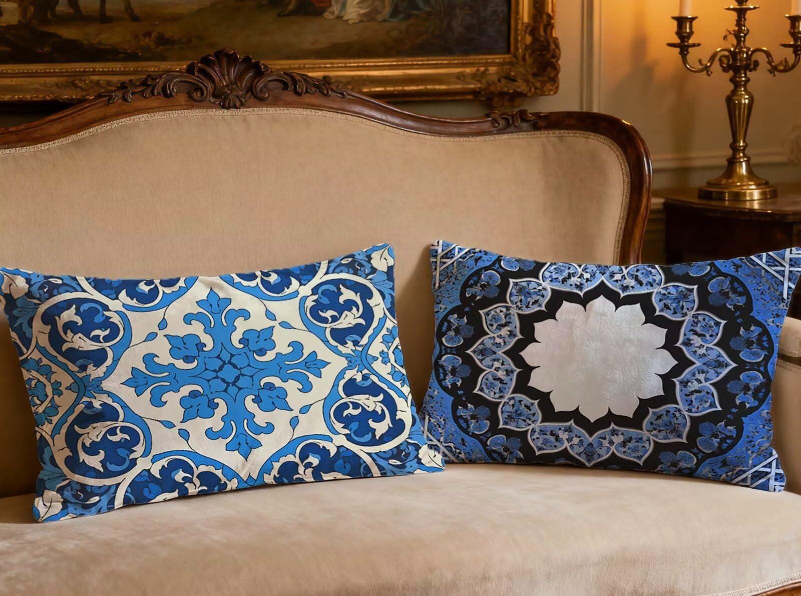 Lot de 2 Housses de Coussin Mandala 70x90cm en Velours Bleu Marine Rectangulaire O-34P
