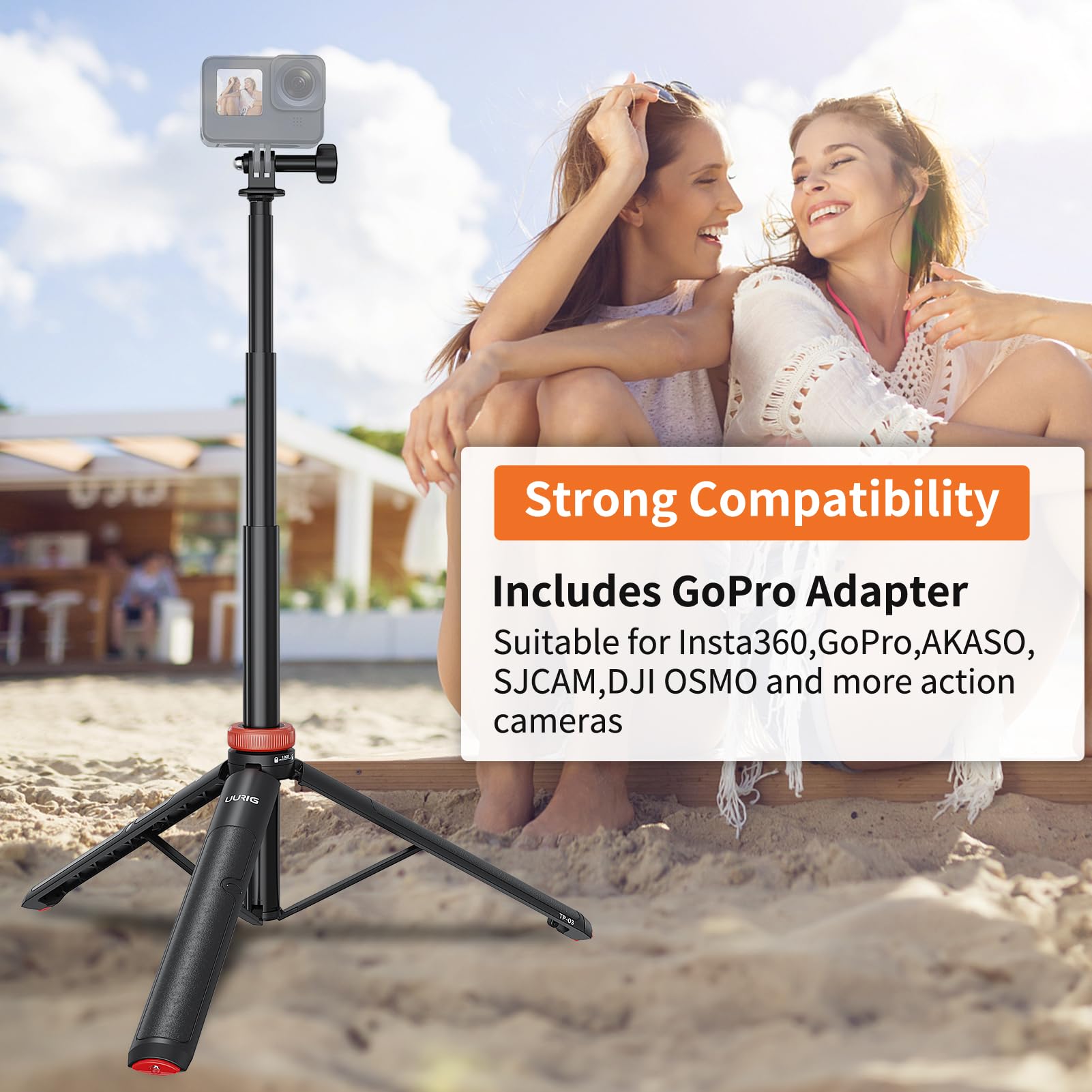 UURig Wysuwany statyw do selfie do kamery GoPro Max Hero 10 9 8 7 6 5 4, DJI Osmo Action, Insta 360 One R i więcej kamer akcji (127 cm)