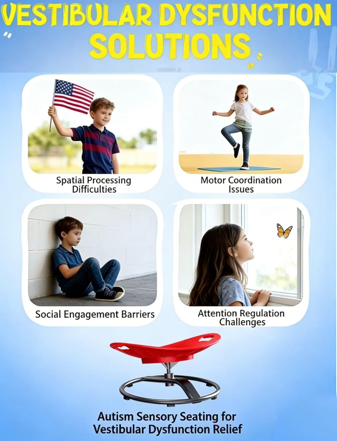Spinning Chair for Autistic Kids - 360 Sensory Sit and Spin Chair, ADHD Swivel Chair for Toddlers & Teens, Stable Kids Spinning Chair for Indoor/Outdoor Play