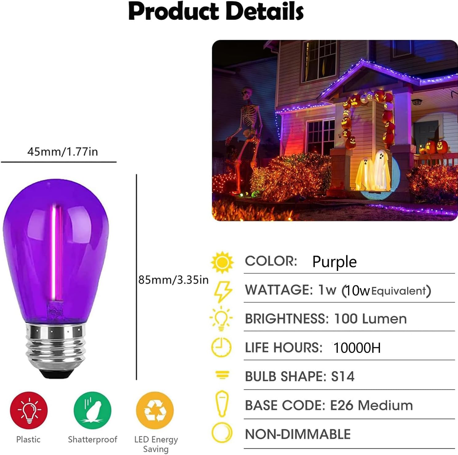 15 Pack S14 LED Bulbs Purple Halloween Replacement Bulb for Outdoor String Lights 1W Vintage LED Edison Filament Bulb E26 Base Plastic Decorative Bulb for Outdoor Patio Christmas Decor(Purple)