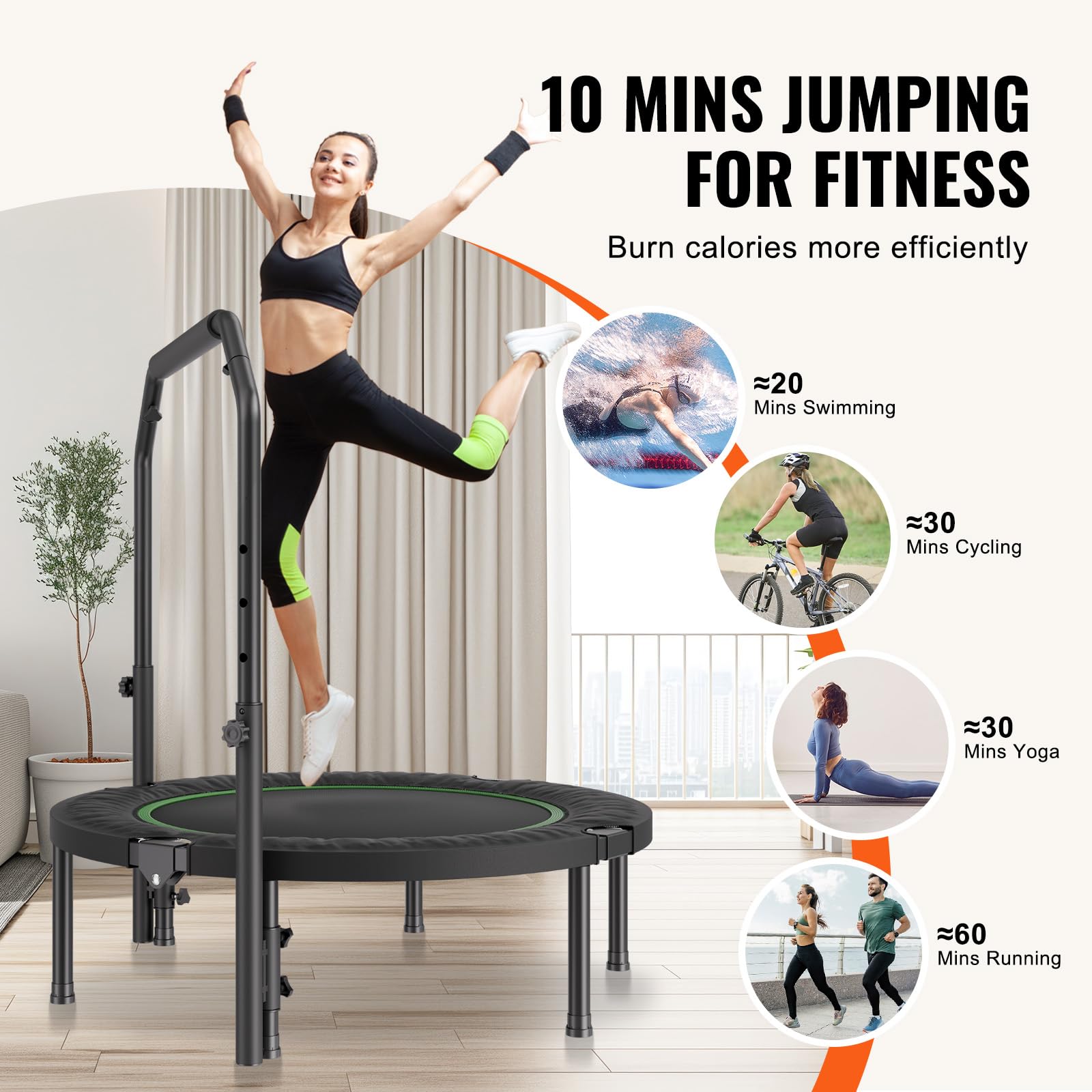 VEVOR Mini Trampoline Pliable, 1027 mm, Fitness rebounder, Charge Max. 150 kg, Stable et Silencieux avec poignée en Mousse réglable en Hauteur à 4 Niveaux, pour Exercice, entraînement, pour Adultes