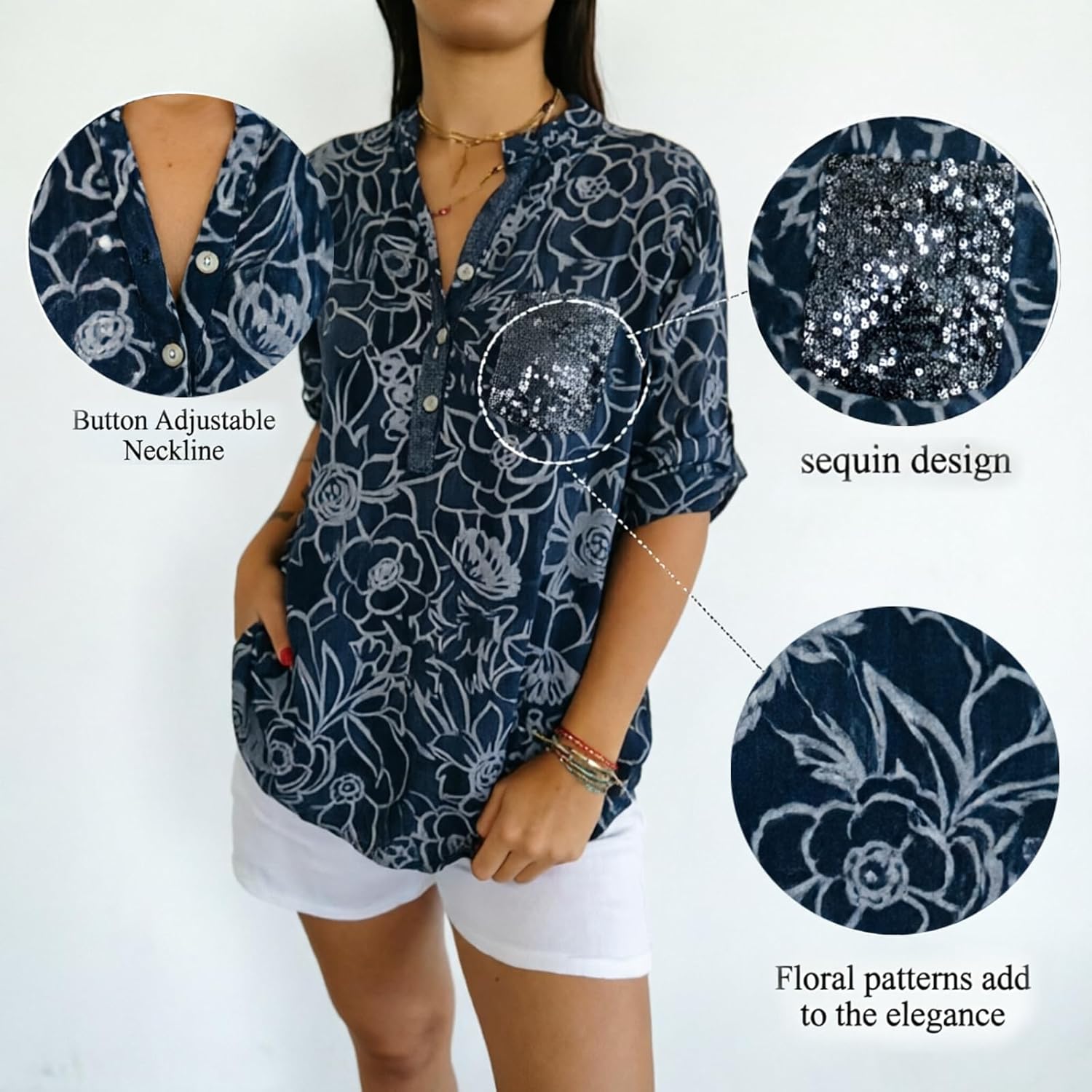 Women's Floral Print Sequin Pocket V-Neck Blouse, 3/4 Roll Up Sleeve V Neck Blouse with Sequin Pocket