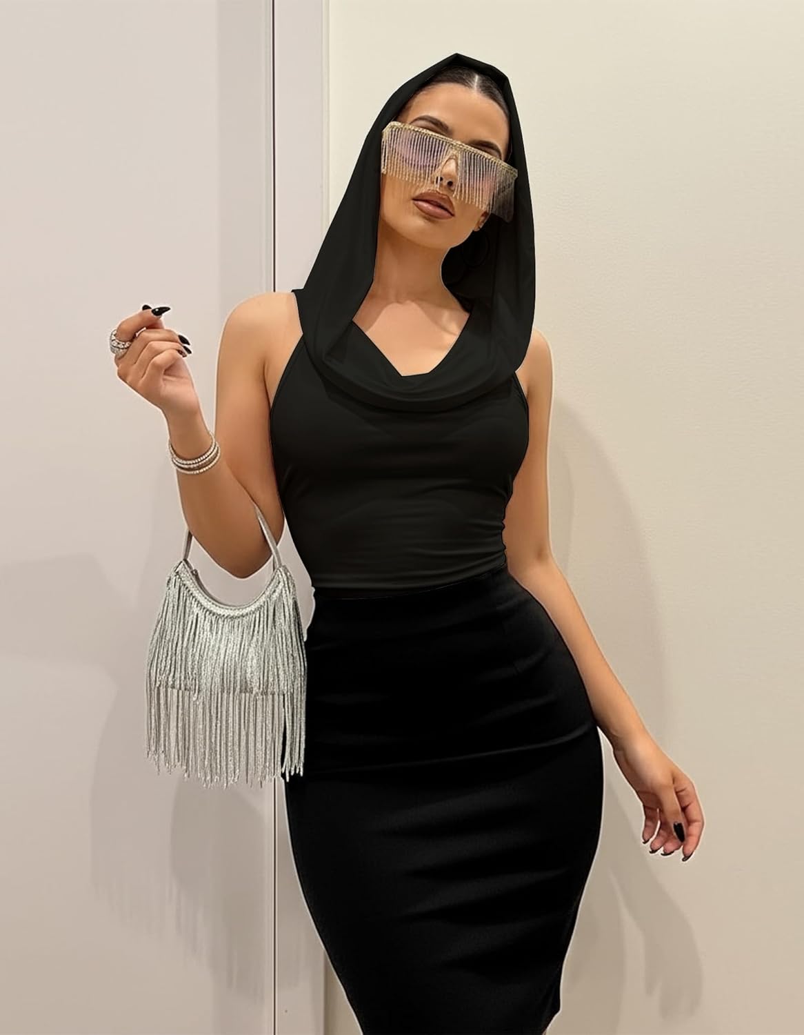 Women’s Backless Hoodie Tank Top, Sexy Draped Halter Crop Top, Stretchy Rave Festival Outfit - Image 3