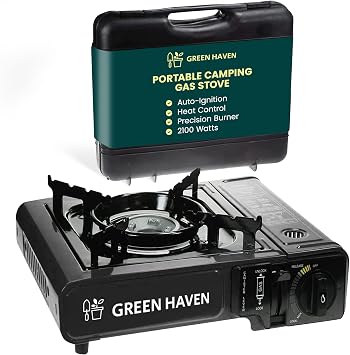 GREEN HAVEN Portable Camping Stove with Cary Case - Premium Camping Gas Stove, EN417 Compliant, Portable Gas Stove with Automatic Ignition & Heat Control, Black