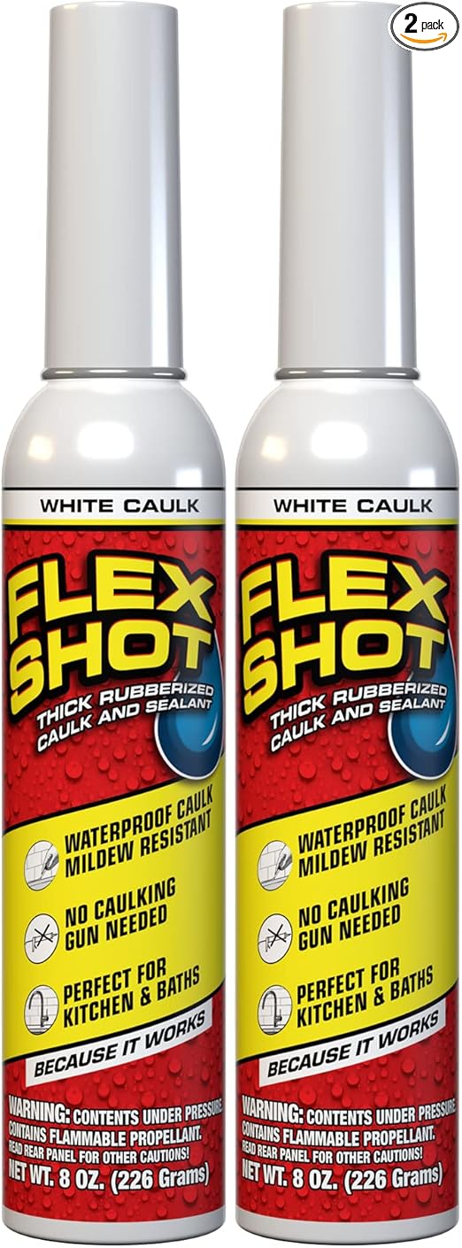 Flex Shot Rubber Adhesive Sealant Caulk, 8oz, White (2 Pack)(Mildew