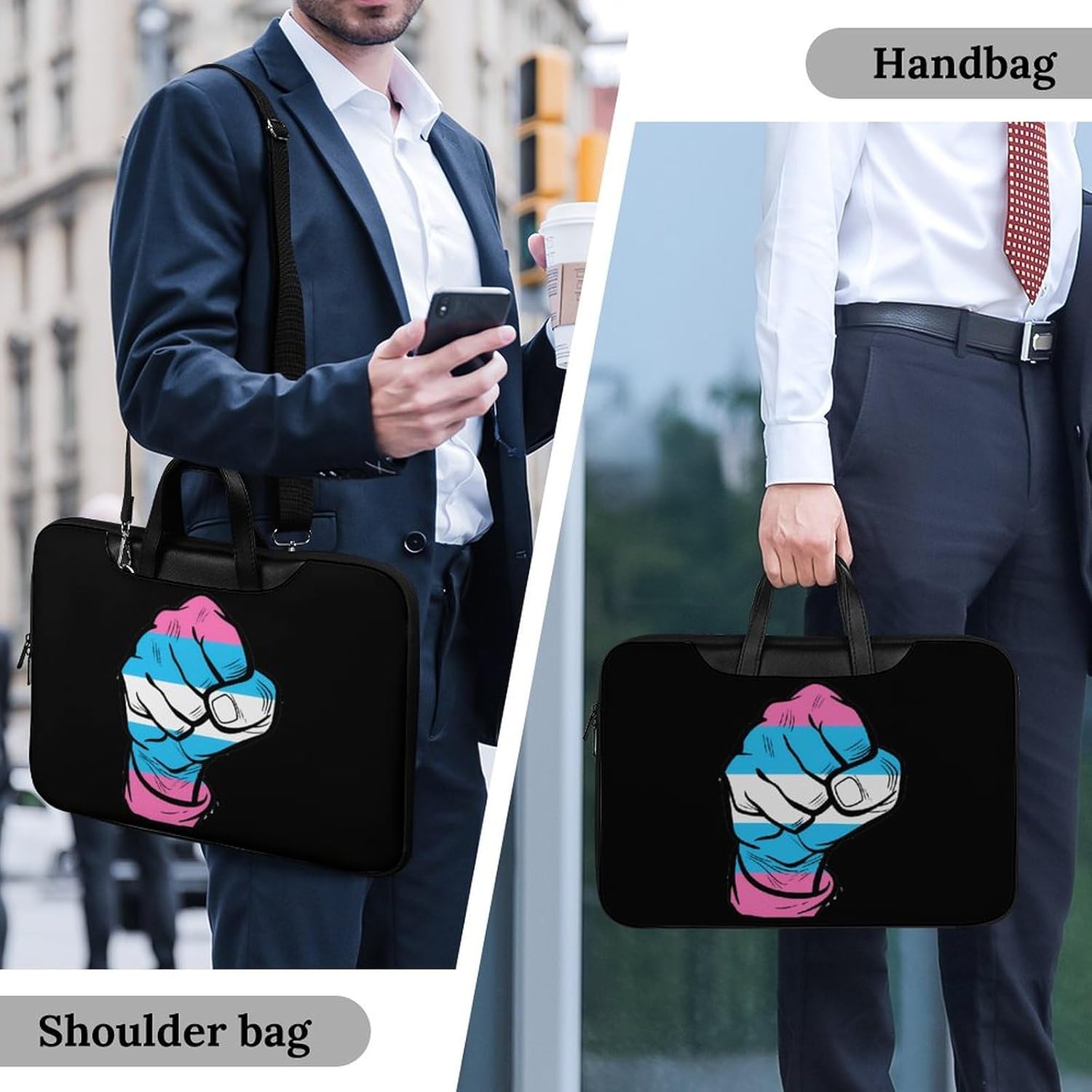 Raised Fist Transgender Flag Laptop Bag PU Leather Computer Tote Bag Carrying Case Messenger Bag with Handle