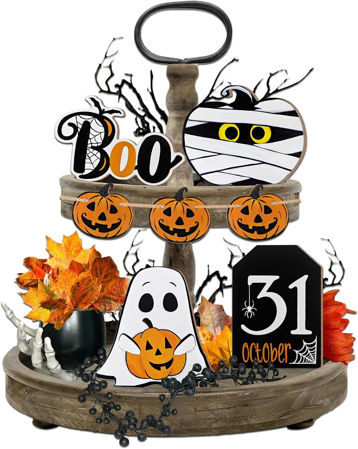 Decoración de bandeja escalonada de Halloween, decoraciones de bandeja de granja, divertidos letreros de madera de calabaza fantasma, momia